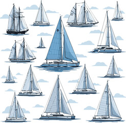 Create a kinds of deferent boat, sea, yacht, sailing, sail, ship, sailboat, water, ocean, travel, sky, summer, vessel, yachting, nautical, vector art with white background.