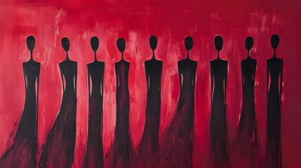 Silhouettes of women in flowing gowns against a vibrant red background.