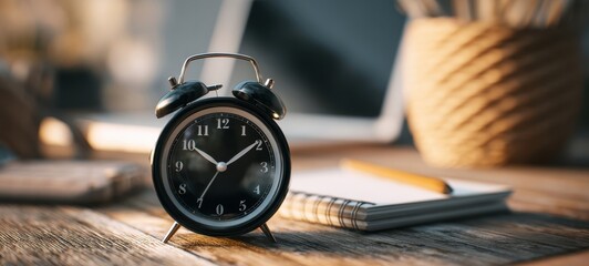 The classic black alarm clock setting a cozy workspace ambiance.