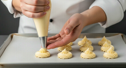 A pastry chef uses a piping bag to create small mounds of choux pastry for profiteroles on a baking sheet
