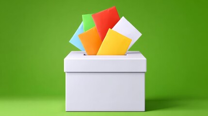 White Ballot Box Filled with Colorful Envelopes on a Vibrant Green Background