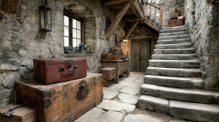 Narrow stone staircase leading to dusty attic, cobwebs, old trunks and wooden furniture, vintage atmosphere in an abandoned setting