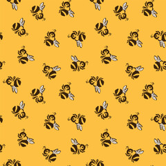 Seamless pattern with bees. Small wasp. Vector illustration. Design for invitation, cards, textile, fabric. Doodle style.
