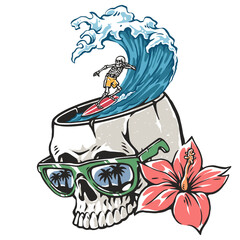 Surfer riding a wave inside a skull design