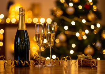 Golden Effervescence: Welcoming New Beginnings and Holiday Joy with a Festive Champagne Celebration Backdrop.