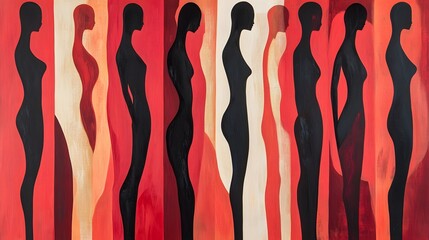 Silhouettes of figures in profile, arranged in rows.