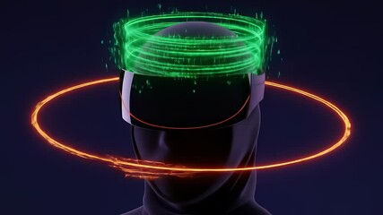Futuristic head wearing a virtual reality headset with glowing green data processing and a rotating orange energy ring. - Powered by Adobe