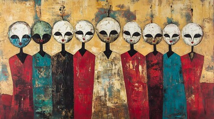 Abstract figures in a row.