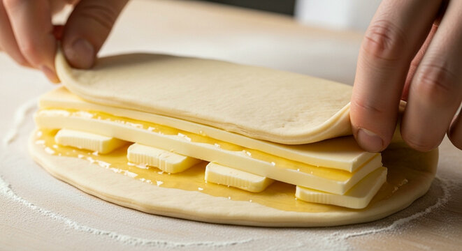A close-up of perfectly laminated puff pastry dough with visible layers of butter, ready for baking croissants