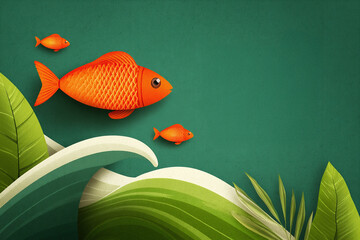Colorful illustration of orange fish swimming among green leaves, showcasing vibrant aquatic life and natural elements in a serene underwater environment