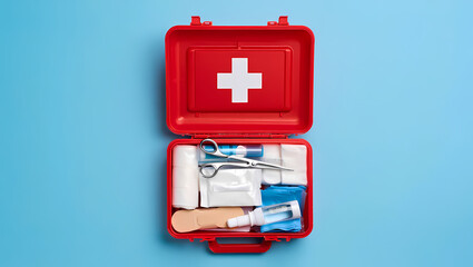Open White First Aid Kit with Essential Medical Supplies on a Blue Background, Including Bandages, Thermometer, Gloves, and Scissors, Representing Emergency Preparedness and Healthcare.
