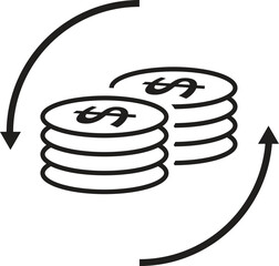 Dollar income vector icon set, dollar increase and cost increase symbol in line and silhouette style isolated. 