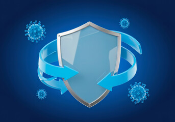 Dynamic blue energy safeguards health, swirling around a sleek silver shield. Your ultimate defense against invisible threats.