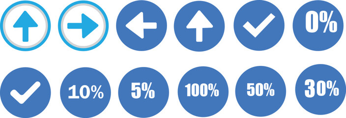 Collection of blue circular icons featuring arrows checkmarks and percentage values