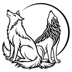 Fototapeta premium Two wolves howling together under a crescent moon silhouette