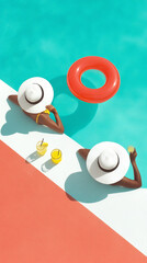 Two women relaxing by the poolside, wearing wide-brimmed hats, enjoying refreshing drinks, with vibrant colors and a bright atmosphere of summer leisure
