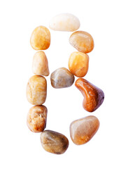 letter B is made of stone with a white background. The creative shapes of the letters of the alphabet are arranged with stones.