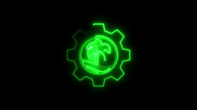Glowing neon green palm tree inside gear symbol on black background perfect for tech concepts