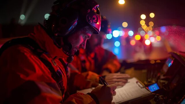 Emergency responders in protective gear focus on documenting an incident at night. Blurred lights in the background create a sense of urgency and action in a nighttime urban environment