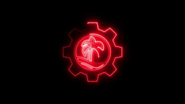 Glowing red neon gear logo with tropical palm tree design on black background for innovation and automation