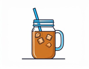 Iced Coffee In A Glass Jar With Straw And Ice Cubes