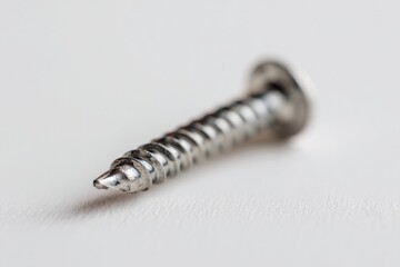 Metal screw with sharp tip and spiral threads, showcasing reflec