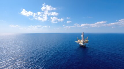 Offshore drilling rig in calm blue ocean under clear sunny sky