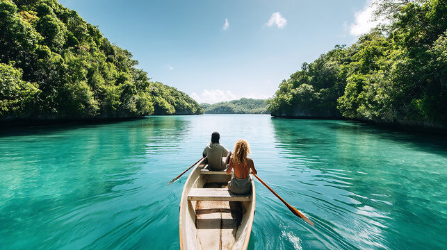 Two individuals in a wooden boat paddling through tranquil turquoise waters surrounded by lush greenery, enjoying a serene nature experience