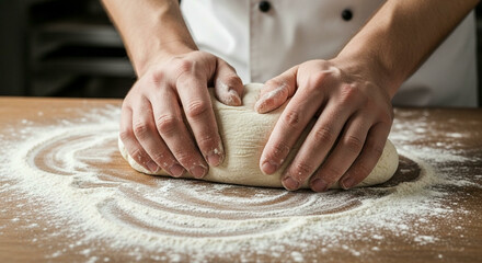 Close-up of a chef's hands professionally kneading a smooth ball of dough on a floured surface