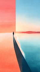 Watercolor illustration of a solitary figure standing on a serene beach, casting a long shadow towards the horizon, blending warm and cool colors in the sky