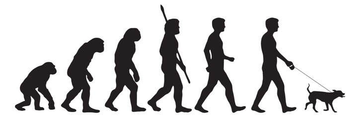 Obraz premium Evolution of the human from Darwin to friend of animals. Silhouettes with the different steps of evolution to pet friendly. vector illustration
