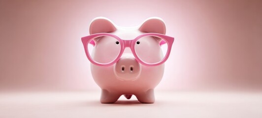 The adorable pink piggy bank wearing stylish glasses against a soft background.