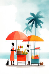 Vibrant market scene featuring mixed race women selling fresh fruits under colorful umbrellas, showcasing community spirit and cultural diversity in a tropical setting