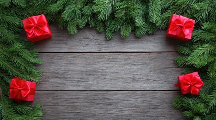 Festive Red Gift Boxes Surrounded by Green Pine Foliage on Wood