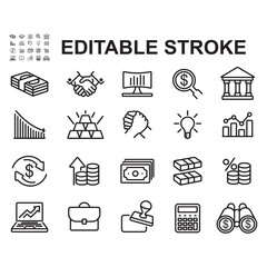 Fototapeta premium Collection of business and finance icons. Thin line style vectors. Contains icons such as money, gold bars, charts and more.