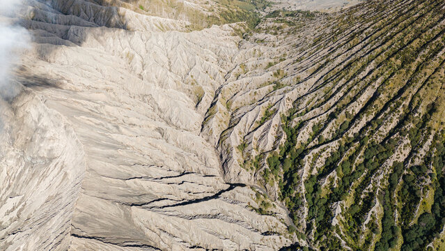 Aerial view of stark, eroded terrain meeting vibrant green vegetation in a stunning contrast of textures and tones, Mount Bromo Volcano, East Java, Indonesia.