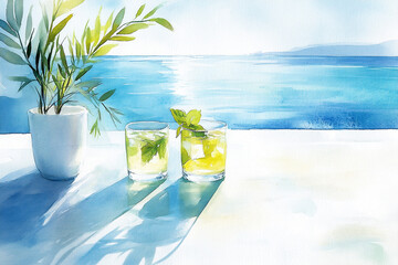 Refreshing summer drinks with mint leaves in clear glasses on a sunlit table overlooking a serene ocean view, perfect for relaxation and enjoyment