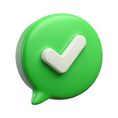 Photo of a green speech bubble with a white check mark isolated on transparent background