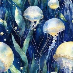 Seamless pattern featuring colorful jellyfish and aquatic plants on a deep blue background, creating a vibrant underwater atmosphere for design projects