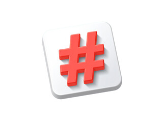Obraz premium A 3D rendered, square icon featuring a bright coral-red hashtag symbol on a white background.