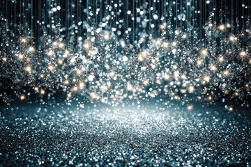 Glittering silver sparkles cascade over a dark, shimmering surface