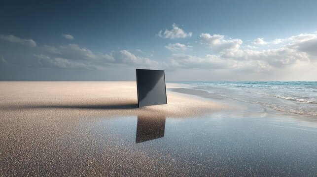 Black rectangle on a sandy beach with reflection, near the sea, under a cloudy sky. Concept.