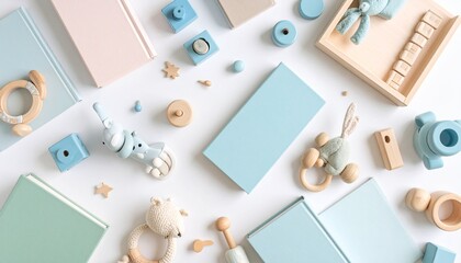 Flat Lay of Wooden Baby Toys and Books on Pink Background,.
Flat lay of pastel colored children s toys and a notebook on a white background
