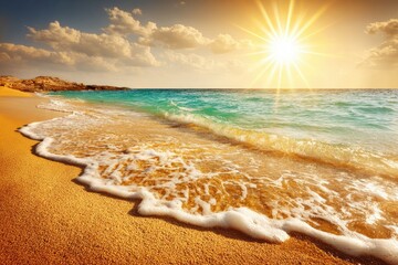 Golden sunset over a tranquil beach.  Waves gently lap at the shore