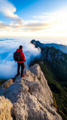 Aerial view of a person standing on top of a mountain peak above the clouds, with a mountainous landscape at sunrise.