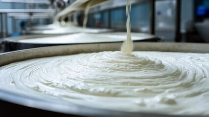 Cream flowing into large vats in a dairy factory, showcasing the industrial process of cream production. The scene highlights the smooth texture and rich consistency of the cream