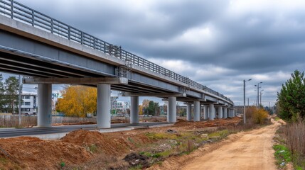 Fototapeta premium Elevated highway under construction with cloudy skies and distant buildings in the background