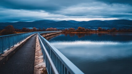 Fototapeta premium Serene twilight view of a winding bridge over a tranquil lake surrounded by mountains