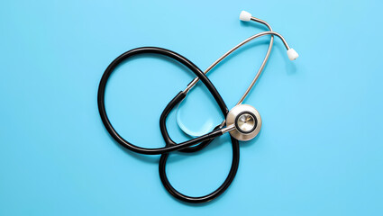  Professional Black Stethoscope on a Clean Blue Background, Symbolizing Medical Care, Diagnosis, Healthcare Professions, and General Wellness.