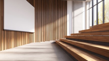 Fototapeta premium Modern conference room with wooden seating, projector screen, and bright natural light